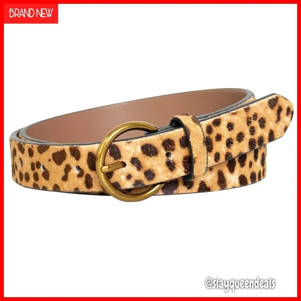 Leopard Print Belt with Copper Buckle Adjustable 27-44 Inches Faux Leather